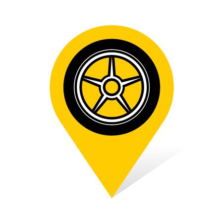 Wheel disc with tire on a pin place point symbol. Tire fitting service station location icon. Car wheels service sign.のイラスト素材