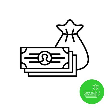 Cash money icon. Pile of money bills with bag for coins. Adjustable stroke width.のイラスト素材