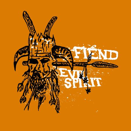 Tribal evil mask illustration. T-shirt hand drawn design. Wooden mask with horns, teeth, trails, feathers.のイラスト素材