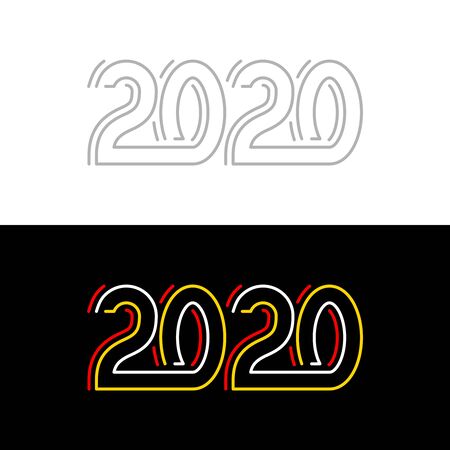 2020 new year red, yellow and white lines neon style logo. Adjustable stroke width.のイラスト素材