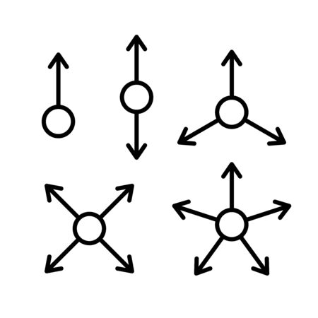 Set of multi-directional arrows. One, two, three, four and five directions from a round center point. Thin line style arrow icons set. Adjustable stroke width.のイラスト素材