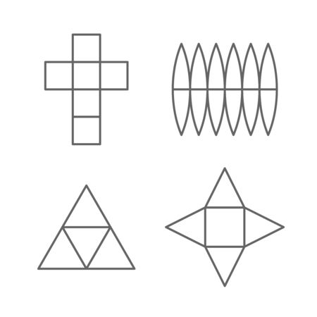 Set of 3D fugure shapes on a plane. Line drawing planar projections of a cube, sphere, prism and pyramid. Unwrapping contours of 3D objects. Adjustable stroke width.のイラスト素材