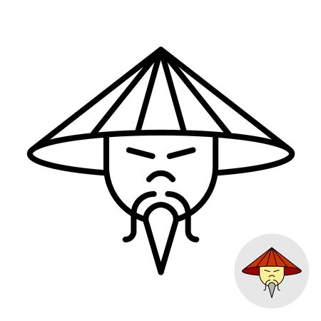 Chinese man in a straw conical hat line icon. Asian appearance man with triangle beard and mustache symbol. Adjustable stroke width.のイラスト素材