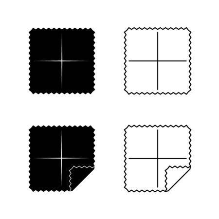 Cloth for cleaning and polishing. Square soft cotton wipe for optics, musical instruments, jewelry, phone screens and other. Black and white icons. Adjustable stroke width.のイラスト素材
