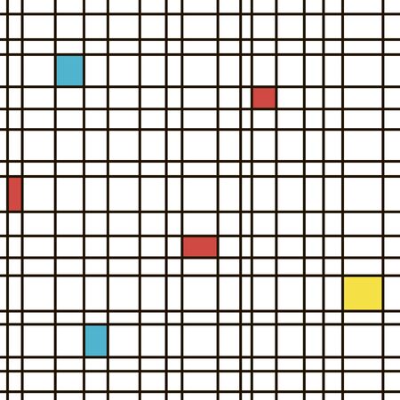 Parallel horizontal and vertical crossed black lines with color rectangles seamless pattern background. Retro style backdrop.のイラスト素材