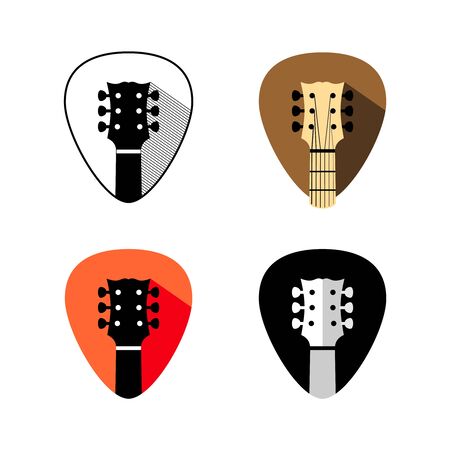 Guitar headstock logo. Mediator shape design musical symbol. Guitar school or lessons sign with variations.のイラスト素材