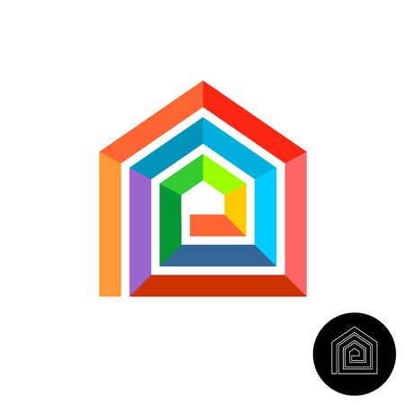 House design colorful logo. Rainbow color stripes home silhouette. Spiral vivid symbol of interior or exterior housing design.のイラスト素材