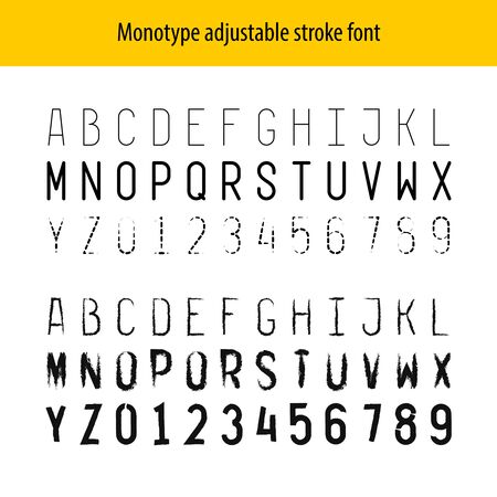 Monotype letters stroke font alphabet and numbers. Thin line with adjustable width, hatching and design. One width symbols set. You can apply any brush type to letters center line.のイラスト素材