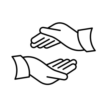 Two hands icon as protect, support or care symbols. Open hand palms symbol. Adjustable stroke width.のイラスト素材