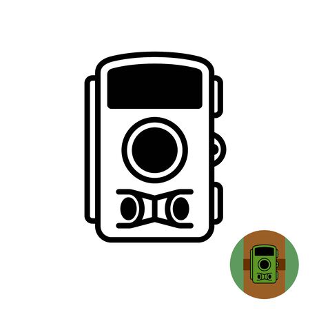 Hunting trap photo camera symbol. Forest tree mount video and photo registration recorder for catching wild animals. Adjustable stroke width.のイラスト素材