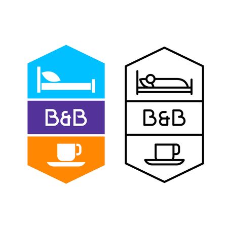 Bed and breakfast for hotel service or hostel house. Bed with pillow and cup of coffee symbols. Adjustable stroke width.のイラスト素材