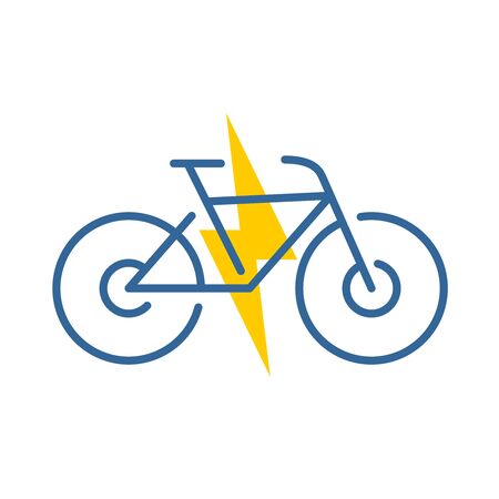 Electric bike logo. Electricity driven bicycle color icon. Thin line style symbol with bolt. Adjustable stroke width.のイラスト素材