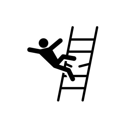 Man falling from broken ladder accident icon. Handyman injury risk symbol. Worker falling down black sign. Adjustable stroke width.のイラスト素材