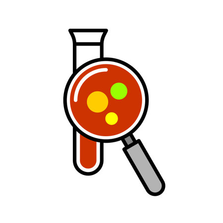 Blood testing icon. Simple line style symbol. Test tube with zoom magnifying glass searching elements in a blood liquid or seek for a chemical reaction. Adjustable stroke.のイラスト素材