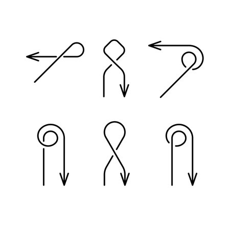 Return and back arrows set. Line style symbols of flying path trajectory parts. Sewing guide lines elements. Adjustable stroke.のイラスト素材