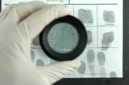  comparing the fingerprint through the dactyloscopic magnifier glassの写真素材