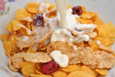 Preparing the breakfast - cornflakes with the milk の写真素材