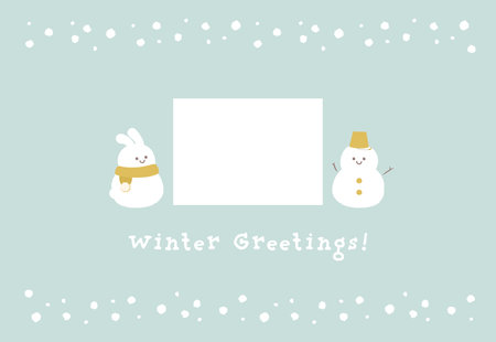 A winter greeting card with a heartwarming photo frame of a snowman and a rabbitのイラスト素材