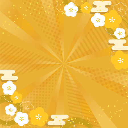 A gorgeous gold radiation background with a congratulatory Japanese pattern frame and confettiのイラスト素材