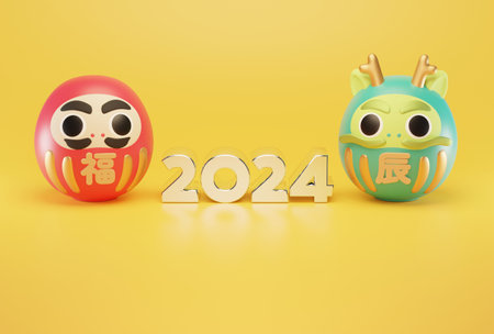 New Year's card template of cute Daruma doll. FUKU means lucky and TATSU means the dragon.の写真素材