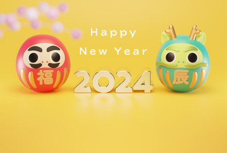 New Year's card template of cute Daruma doll. FUKU means lucky and TATSU means the dragon.の写真素材