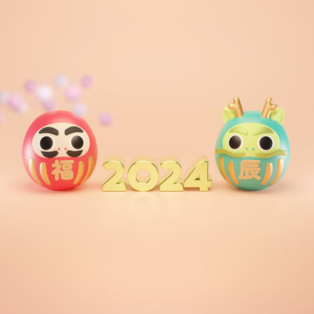 2024 New Year's material: Dragon Year Daruma, Lucky Daruma and 2024 gold lettering figurines.FUKU means lucky and TATSU means the dragon.の写真素材