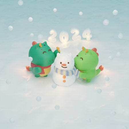 New Year's card material for the Year of the Dragon: little dragons making a snowman