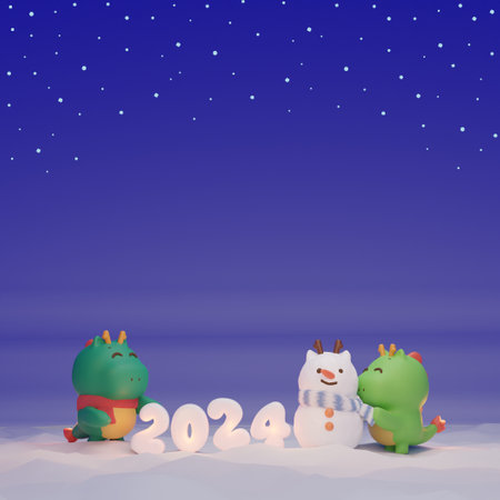 little dragons are making a snowman and 2024 characters with snow