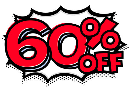 60 Percent OFF Text in White Spiky Speech Bubble with Bold Black Outline. Pop Art Sale Icon.