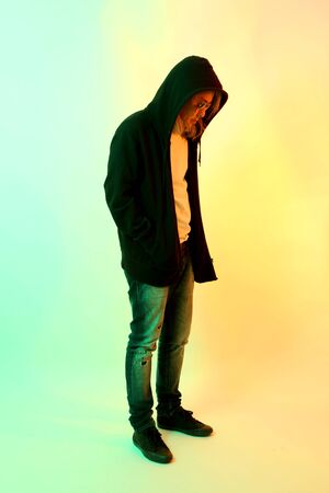 The Asian man on the white background with grl color effect light.の写真素材