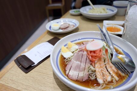 The cold noodle ramen on the table.