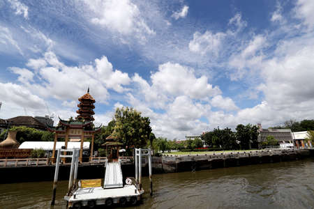 Bangkok, Thailand - September 29, 2020: The view from the boat at Chao Phraya River, Bangkok, Thailand.のeditorial素材