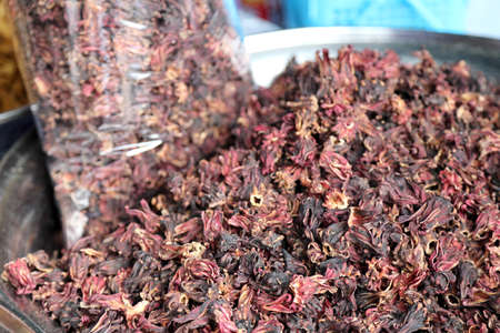 The dried rselle onthe tray for sale in Thai market.の写真素材