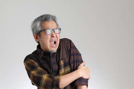 The senior Asian man standing on the white background
