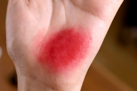 The womanâ€™s hand showing color from lipsick.