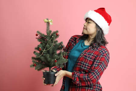 The Asian woman with santa hat standing on the pink background.の写真素材