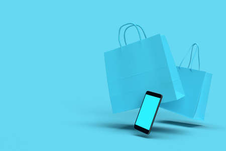 The 3d Rendering of shopping bags and smart phone floating mid air on the blue background.