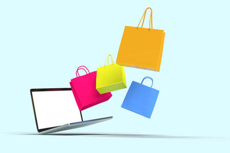 The 3d Rendering of shopping bags and laptop floating mid air on the color background.
