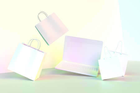 The 3d Rendering of shopping bags and laptop floating mid air on the color background.の写真素材