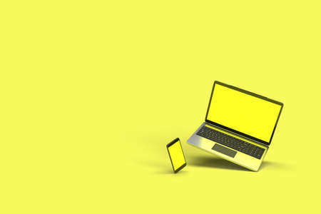 The 3d Rendering of smart phone ans laptop floating mid air on the yellow background.の写真素材