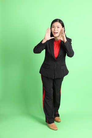 The Asian businesswoman standing on the pastel green background.の写真素材