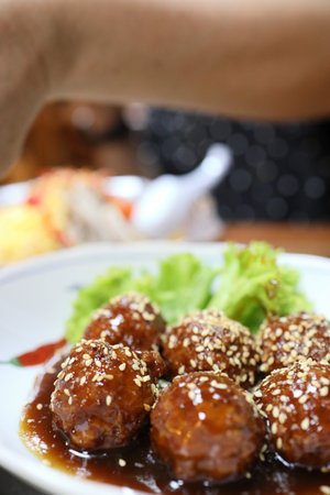 The Japanese meatballs served un thr dish.の写真素材