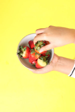 The Asian woman holding strawberry in the hand on the yellow background.の写真素材