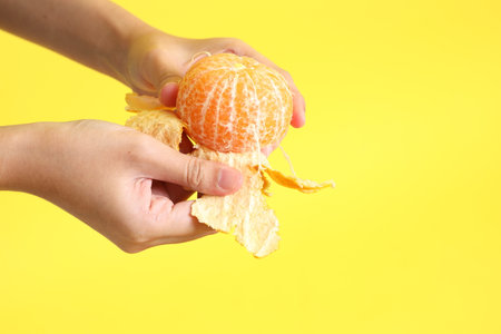 The Asian woman holding orange fruit on the yellow background.の写真素材