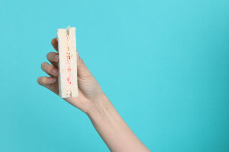 The Asian woman eating sandwiches on blue background.の写真素材