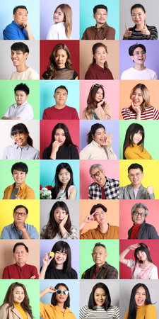 Portraits of diverse individuals of different ages and emotions on vibrant studio backgrounds,...