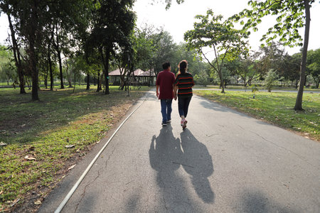 The senior couple is walking through the park