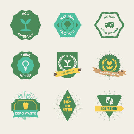 A collection of ecology-themed vector badge icons.のイラスト素材