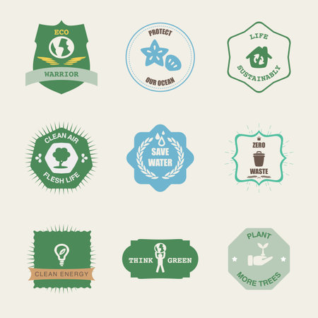 A collection of ecology-themed vector badge icons.のイラスト素材