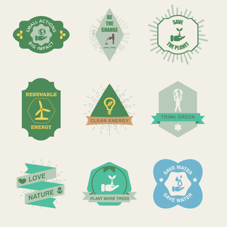 A collection of ecology-themed vector badge icons.のイラスト素材
